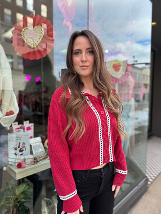 Lace Trim Red Sweater Cardigan