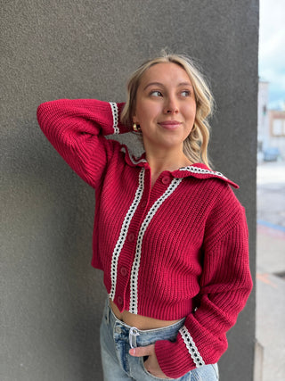 Lace Trim Red Sweater Cardigan