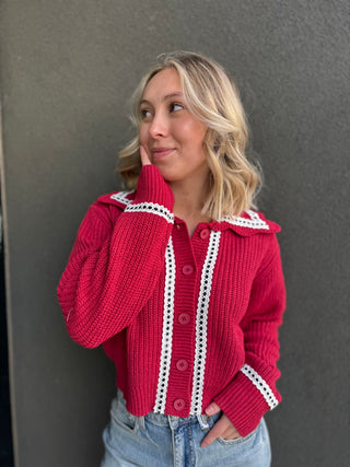 Lace Trim Red Sweater Cardigan