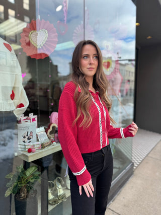 Lace Trim Red Sweater Cardigan