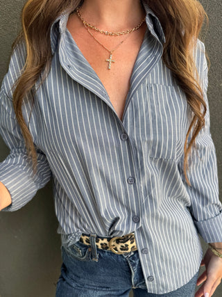 Midnight Pinstriped Button-Up