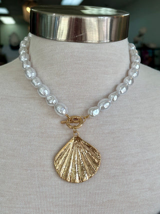 White Oval Stone with Shell Charm Necklace