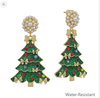 Pearl Studded Christmas Tree Earrings