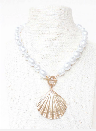 Pearl and Gold Hammered Shell Necklace